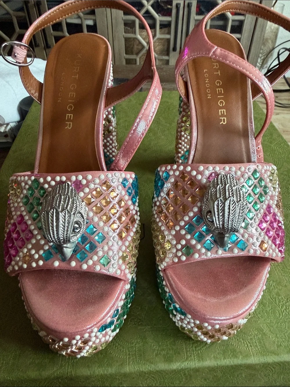 Kurt Geiger Pink Multicolor Crystal Platform Sandals